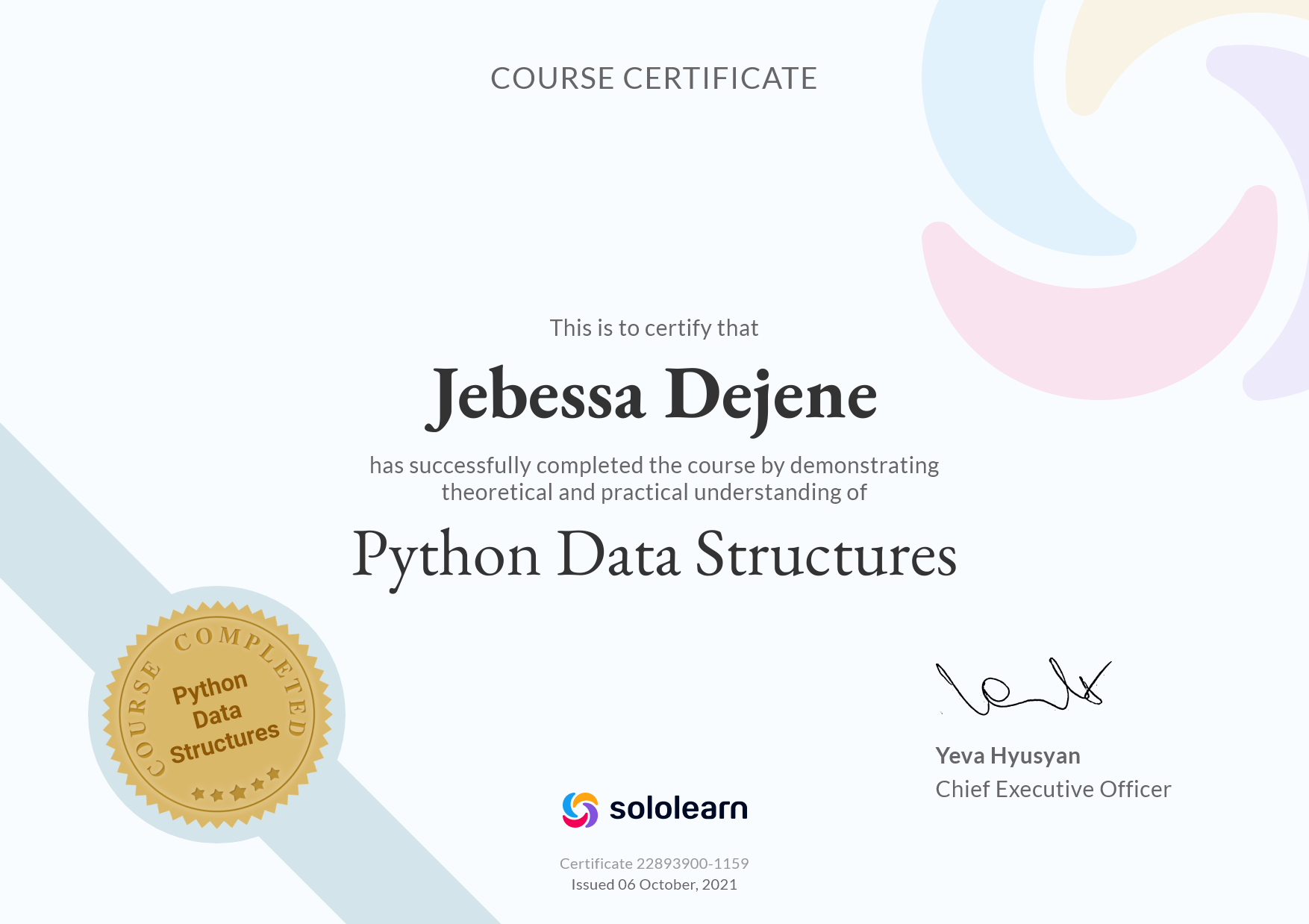 Data structure certificate from sololearn